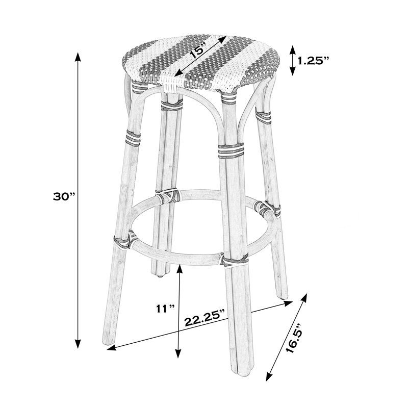 Tobias Rattan Bar Stool & Counter Stool, White/Navy Stripe/Natural Rattan Frame, Bar Stool (30" Seat Height)