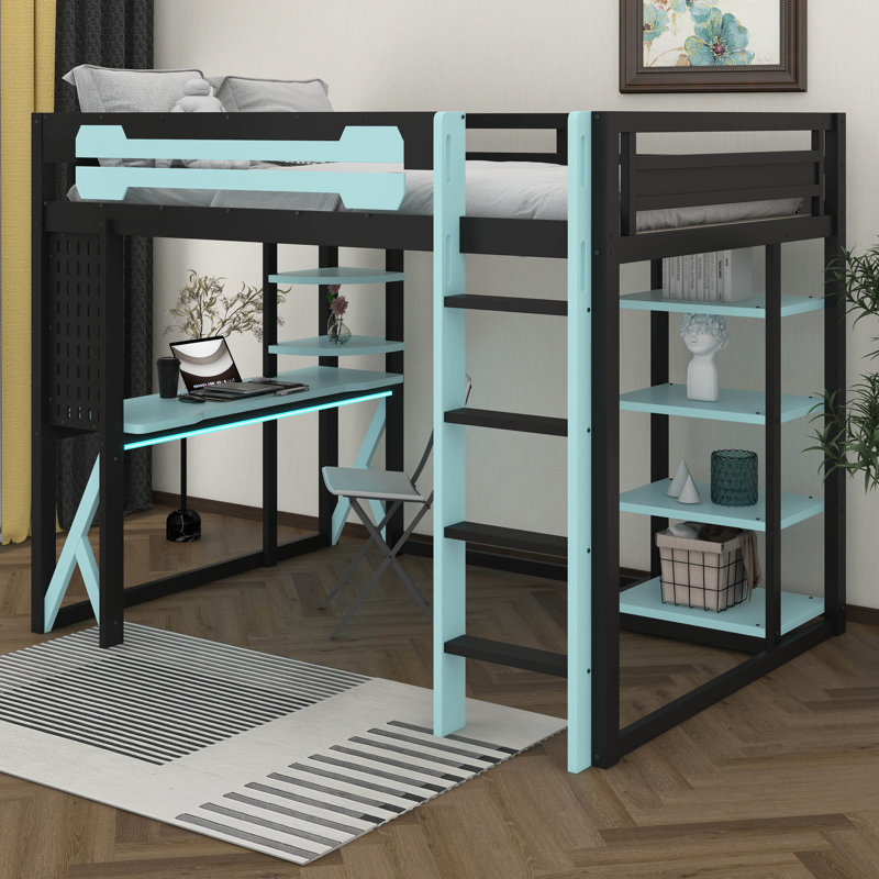 Full Loft Bed With Desk, RGB LED Light & Charging Station, Wood Bed With Desk Underneath, Black/Blue