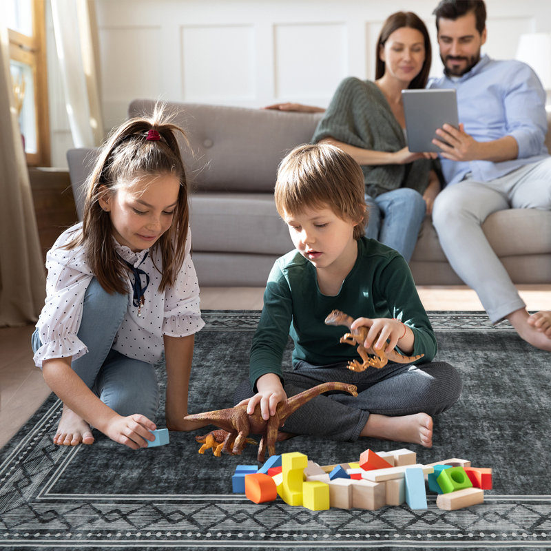 Washable Area Rug Modern Rug Non Slip Rug Geometric Bordered Rug for Living Room Bedroom Study Room Playroom Nursery, Gray