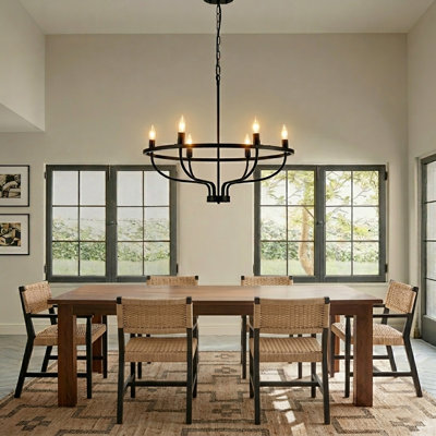Modern Farmhouse 6-Light Chandelier, Matte Black, Industrial Candle Style, Adjustable Chain Mount, For Dining Room, Kitchen Island, Foyer & Living Room , E12/E14 Bulbs (Not Included)