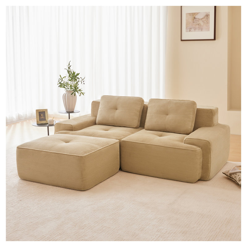 Canapé modulaire en forme de L 82 po, canapé 2 places en velours côtelé avec repose-pieds mobile Camel