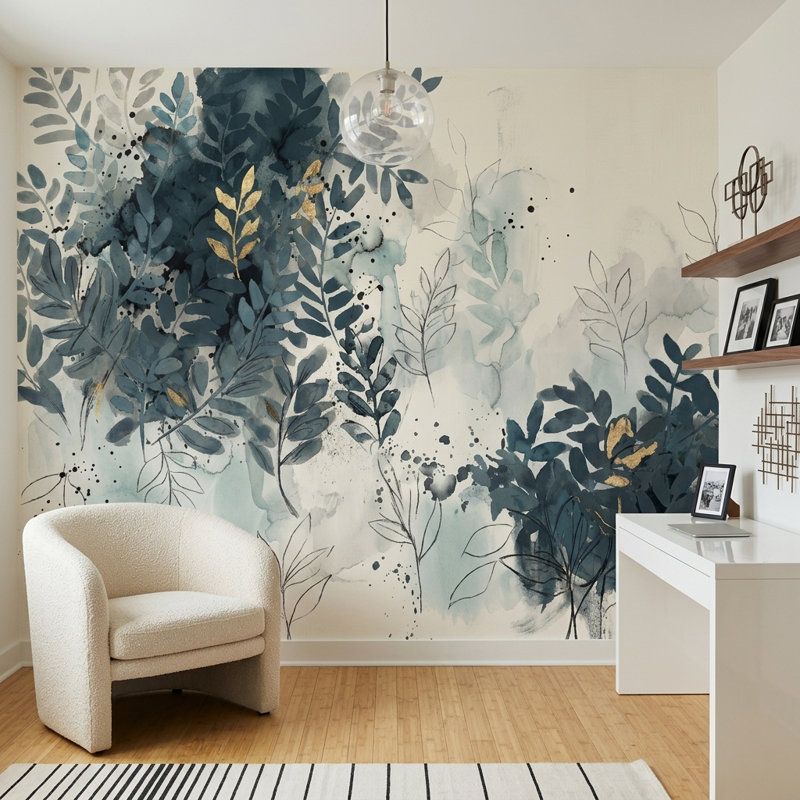 Papier peint botanique, feuilles d'aquarelle, panneau mural feuillage bleu marine, Non tissé, 140 po x 108 po