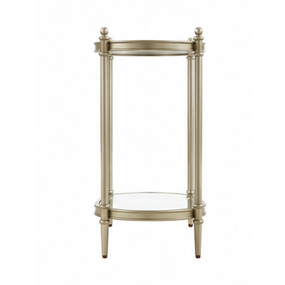 Zora Side End Table, 2 Round Glass Shelves, Champagne Metal 24 Inch