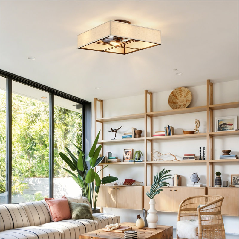 Ventilateur de plafond encastré carré en tissu et en métal de 16,6 pouces avec 7 pales PC au fini noir pour une utilisation de style maison de campagne