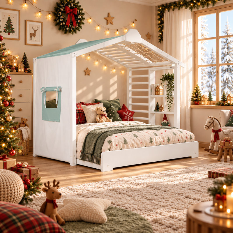 Lit cabane Ainsworth pour une personne avec rideaux de tente enroulables, lit gigogne et étagère de rangement intégrée, lit cabane en bois avec sommier à lattes.