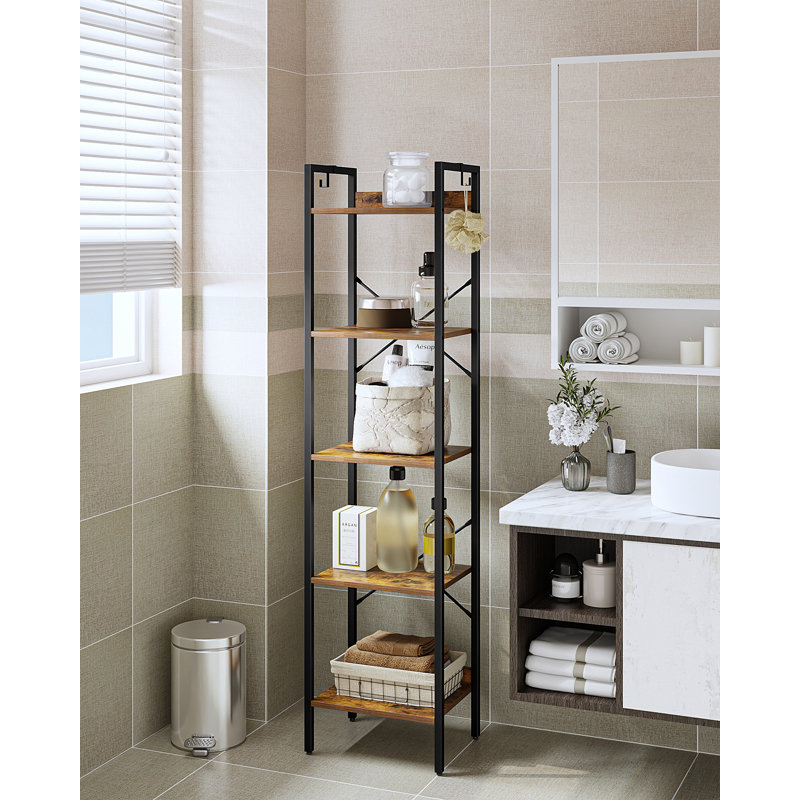 Everlene Bookshelf, Book Shelf, Industrial Bookcase with 2 Hooks, Coner Shelf Storage Organizer for Home Office, Living Room, Bedroom, Kitchen