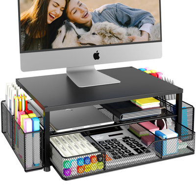 Desk Organizer And Accessories, 2-Tier Computer Monitor Stand Riser With Drawer And 2 Pen Holders, Office Desk Accessories