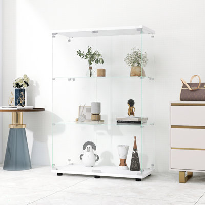 Two-Door Glass Display Cabinet 3 Shelves With Door, Floor Standing Curio Bookshelf For Living Room Bedroom Office, 49.3"*31.7"*14.3", White