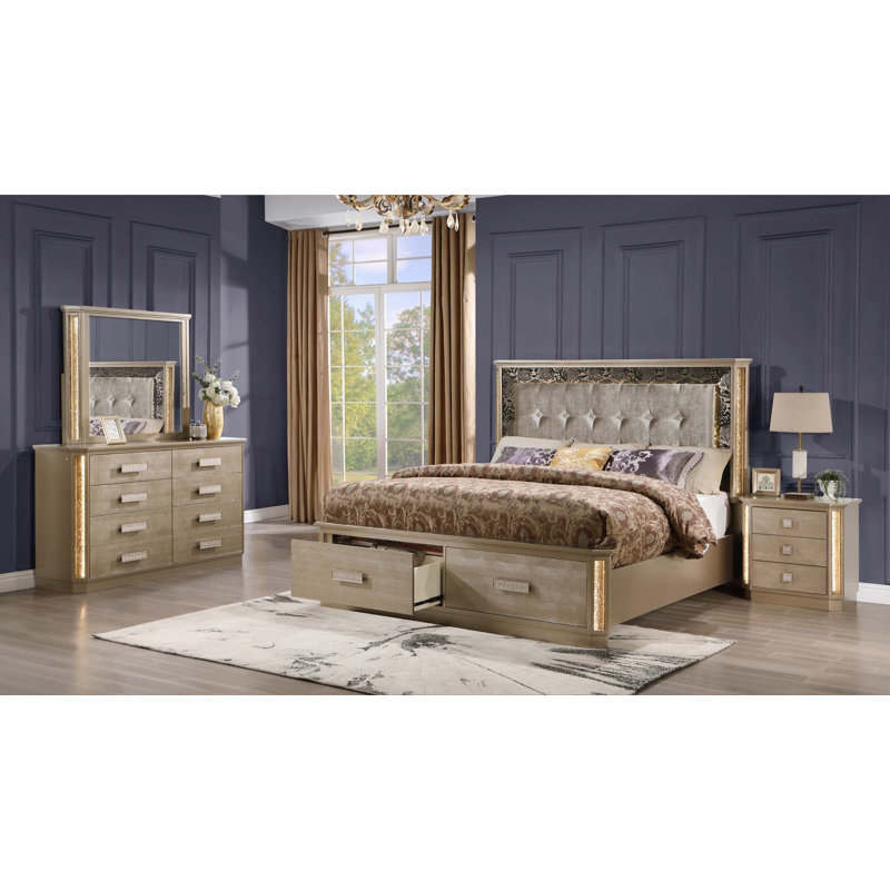 Ensemble de chambre à coucher, Lit, table de chevet, commode, miroir de commode