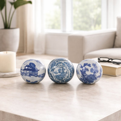 Artful Ceramic Chinoiserie Orbs Sculpture For Living Room Decorations - Sleek Decorative Objects Figurine For Home Decor - Set Of 3, 5", Blue & White