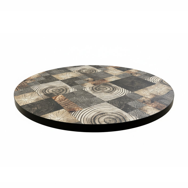 Plateau de table rond en mélamine de 24 po de 24 po d'épaisseur avec motif de grain de bois rustique et bordure noire