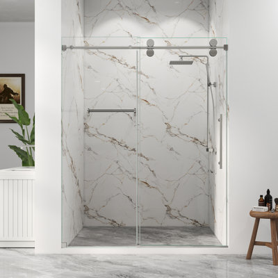 Frameless Single Sliding Shower Door With Sgcc Certified 5/16" Clear Tempered Glass, Accessories