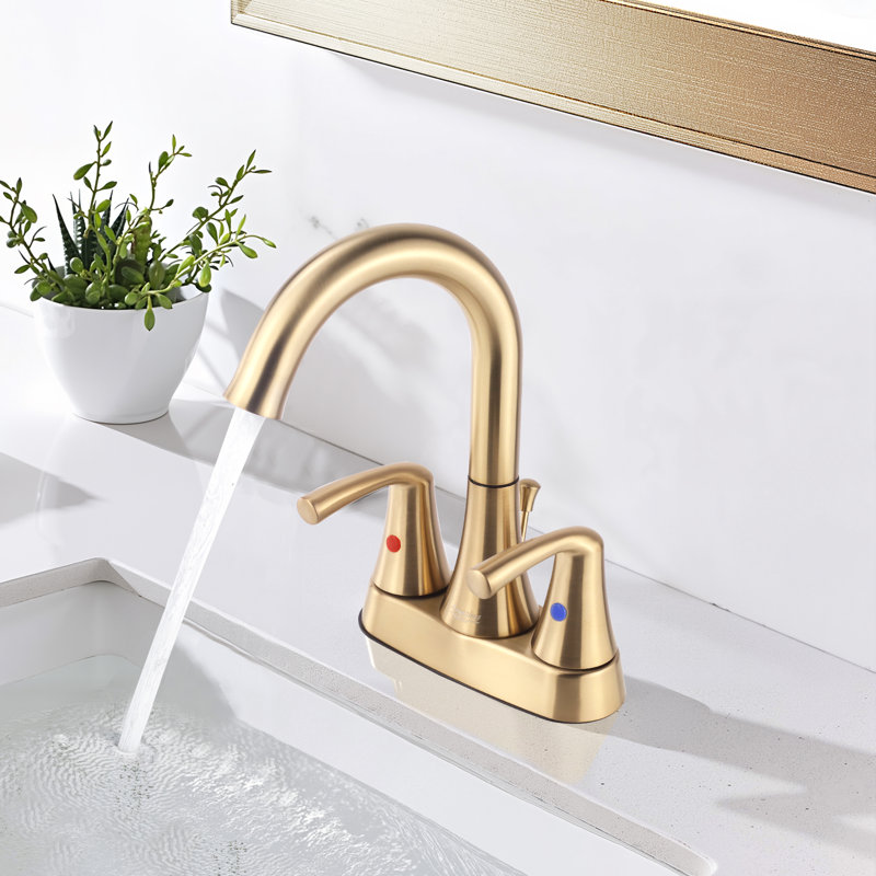 Robinet de lavabo de salle de bain central à 4 poignées 4 po avec bec pivotant à arc élevé et ensemble de drain, or brossé