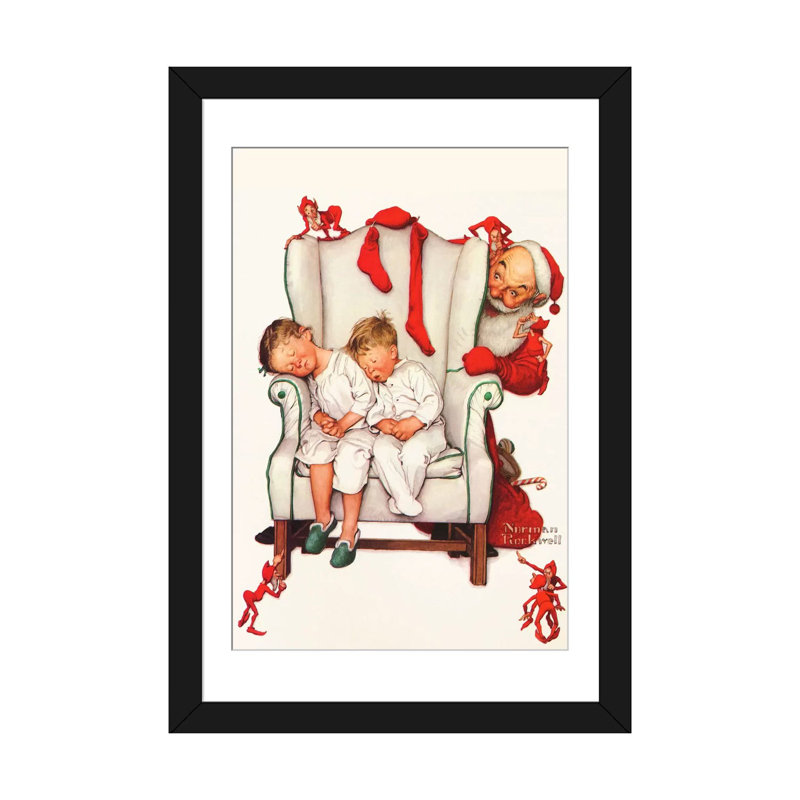 Père Noël regardant deux enfants endormis par Norman Rockwell - reproduction, Papier d'art encadré noir, Blanc