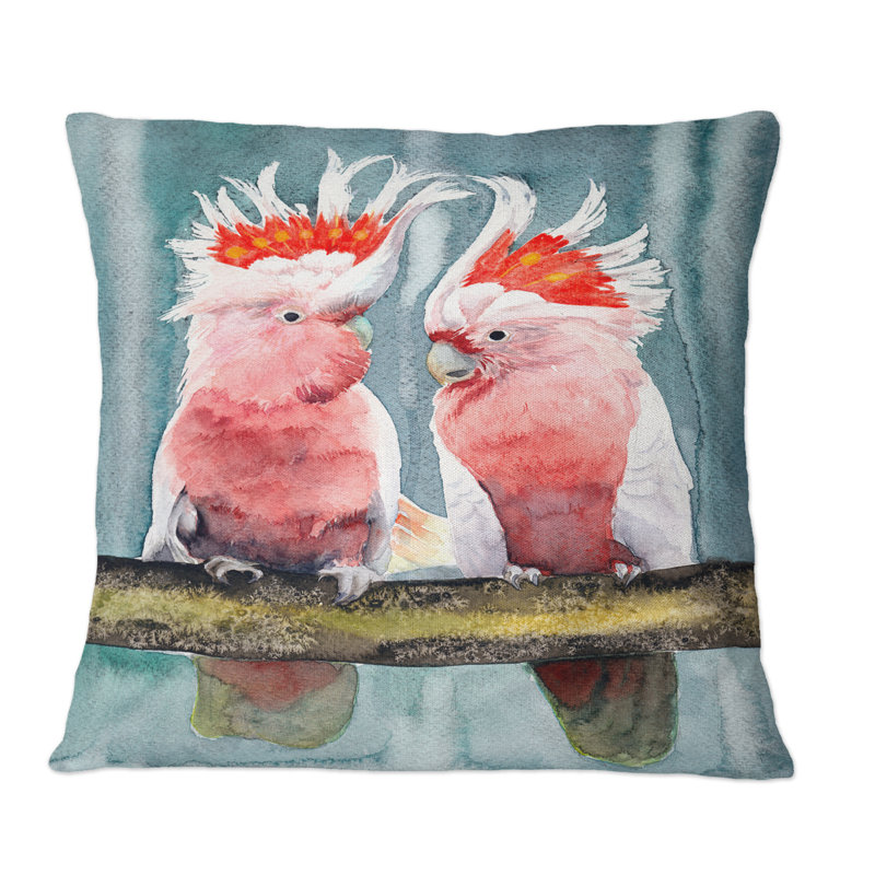 Deux principaux cacatoès roses avec touffes - Coussin décoratif à imprimé traditionnel, 16 po x 16 po