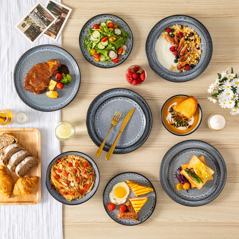  Service de table en céramique 24 pièces pour 6 personnes, assiettes à dessert, assiettes à dessert, bols à pâtes et bols à céréales 24 pièces