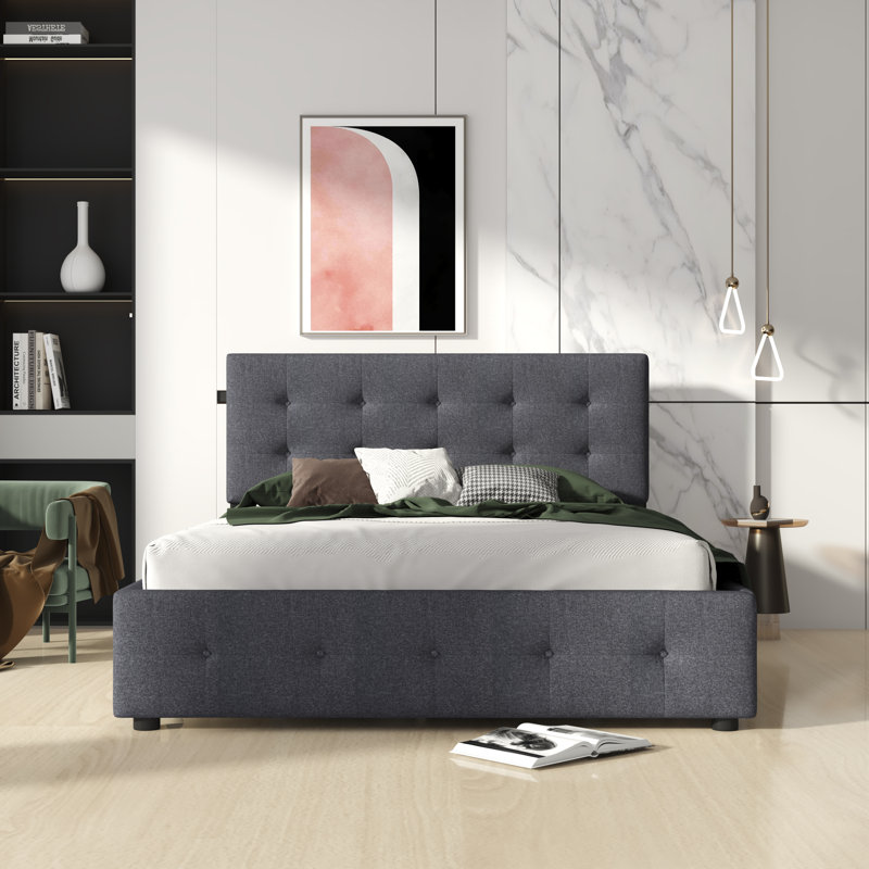 Upholstered Platform Storage Bed, Dark Gray