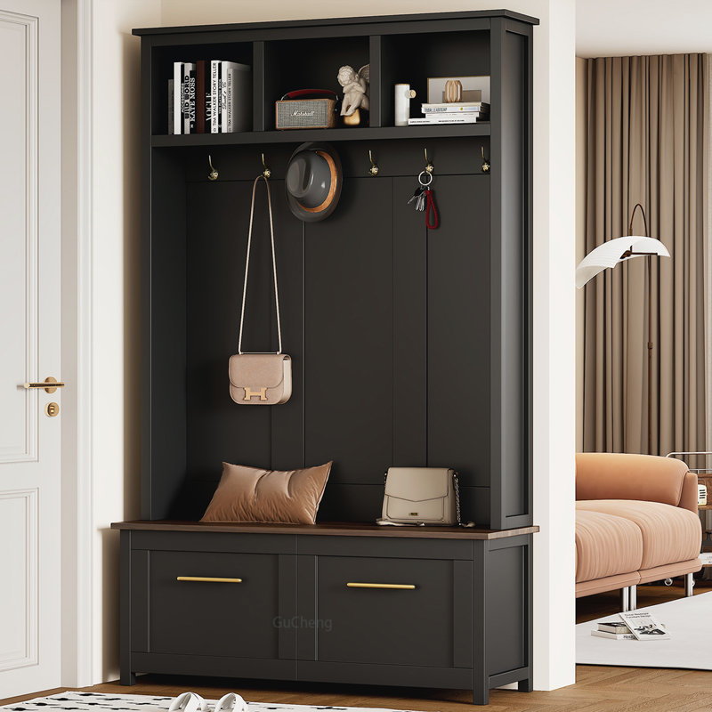 Versatile Hall Tree with Multiple Storage Options and Stylish Hooks, Black