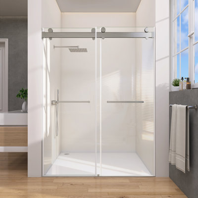 60" W × 79" H Shower Door Sliding Frameless Tempered Glass, Brushed Nickel With Heavy-Duty Oversized Rollers And Towel Bar Handle