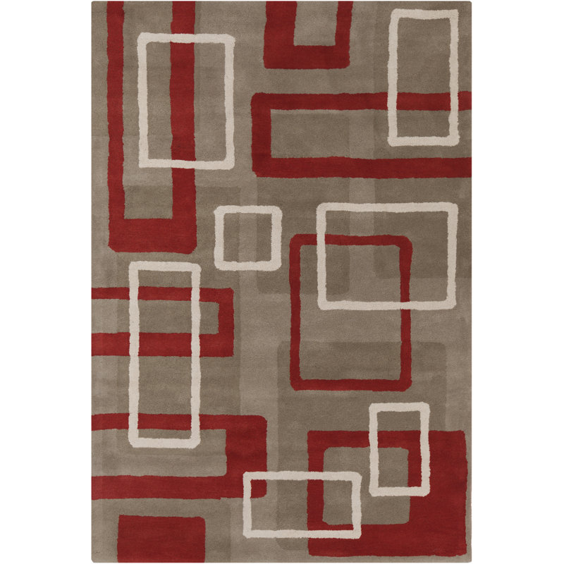 Tapis à motif géométrique moderne en laine touffeté à la main de couleur crème, taupe et rouge rouille Ailey