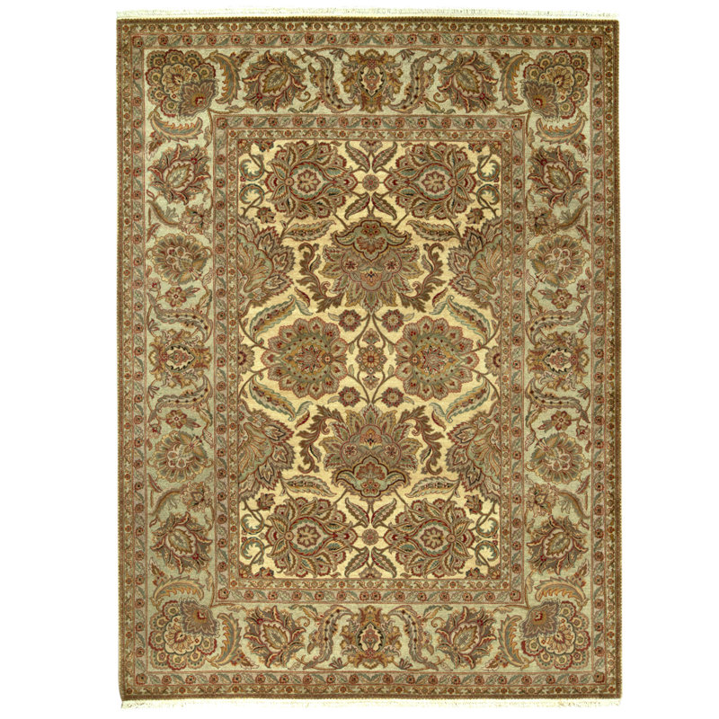 Hand Knotted Wool Oriental Area Rug in Gold And Green