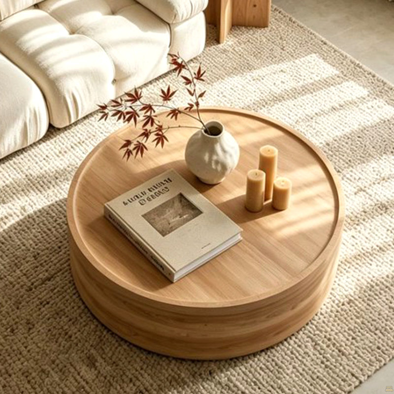 Table basse ronde de 39,37 po avec grain de bois naturel pour le salon, table basse cylindrique moderne pour le salon, sans assemblage