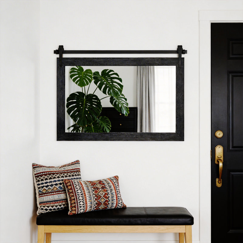 Rustic Farmhouse Solid Wood Accent Mirror Decorative Mirror Rectangle Bathroom Mirror Barn Wall Mirror, Black, 27.4" x 41.5"