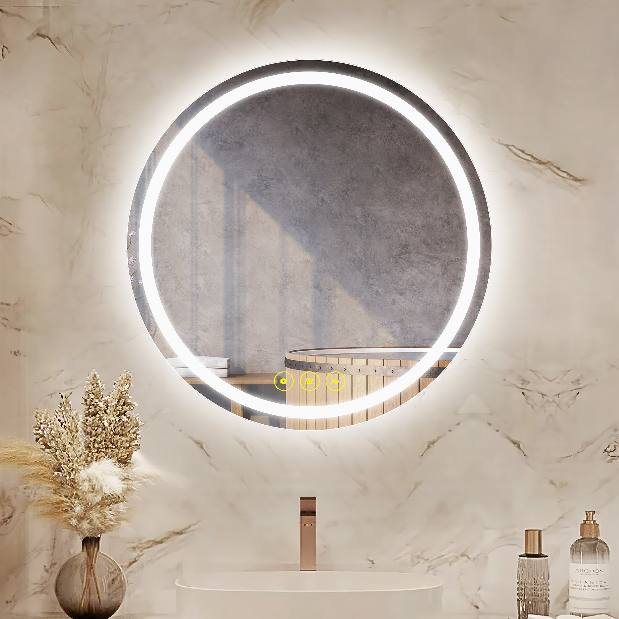 Airalyn Modern LED Dimmable Round Anti-Fog Backlit 3000K-6400K Touch Switch Bathroom / Vanity Mirror Latitude Run Size: 28 x 28