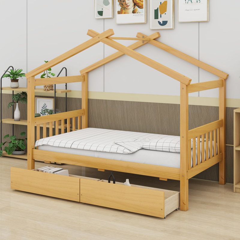 Lit en bois avec tiroirs, Naturel