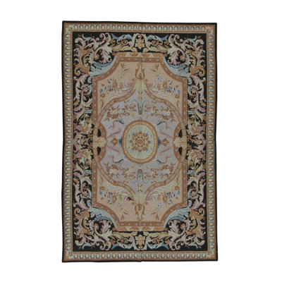 Tapis noir, orange et bleu noué à la main de haute qualité