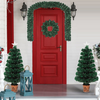 Ensemble de 4 pièces d'arbre de Noël artificiel en fibre optique pré-éclairé, guirlande de Noël, couronne et ensemble de 2 arbres d'entrée avec lumières colorées, ensemble de fête du PVC