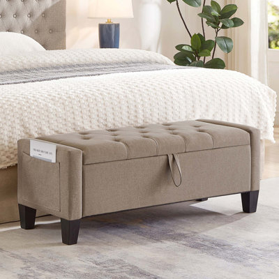 Banc en lin rembourré avec rangement et charnière de sécurité pour le salon de la chambre à coucher