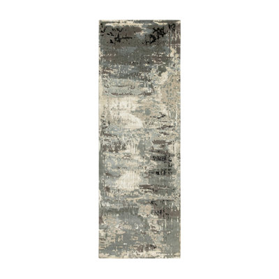 Tapis de couloir oriental à poils longs en laine et soie noués à la main de conception abstraite taupe 4 pi x 12 pi 98D5C71D038F44CF9F21F7A77FD8FB91