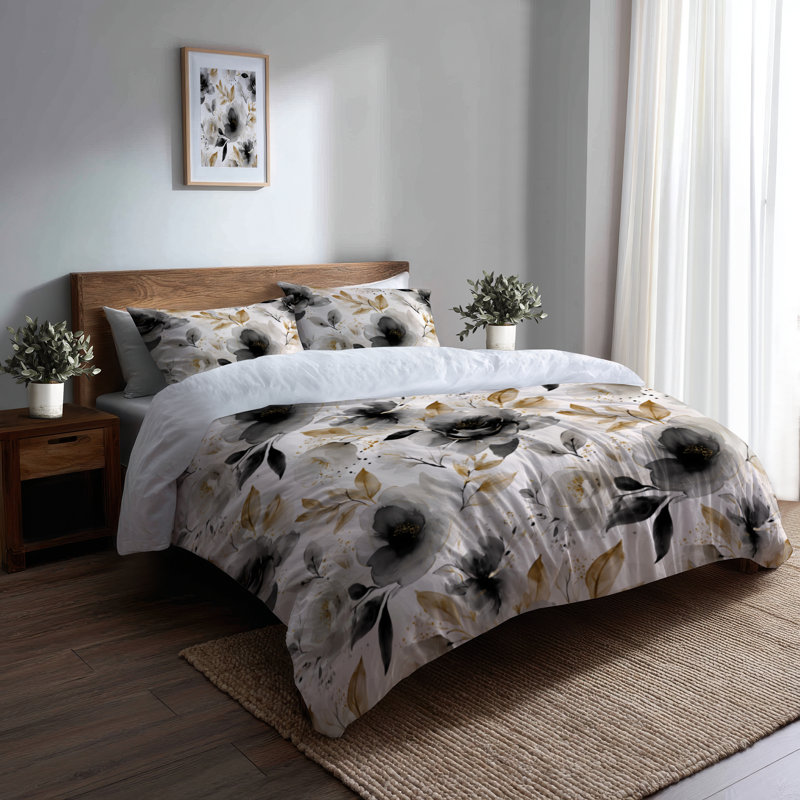 Ensemble de literie Country Farmhouse 3 pièces - Ensemble de housse de couette à motif floral noir Whisper