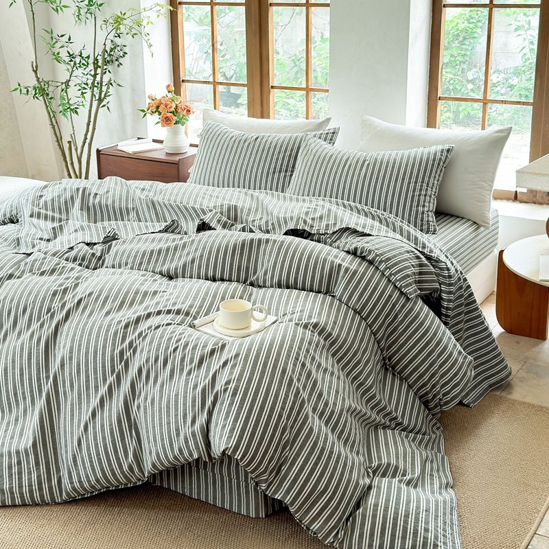 DONEUS Striped Duvet Cover Set 100% Washed Cotton Linen Like Soft Feelling Breathable Bedding, Olive Green/White
