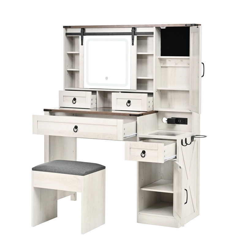 Meuble-lavabo blanc avec miroir à DEL mobile, réglage de la luminosité, plateau en verre, prise de recharge, 4 tiroirs, 2 armoires et tabouret