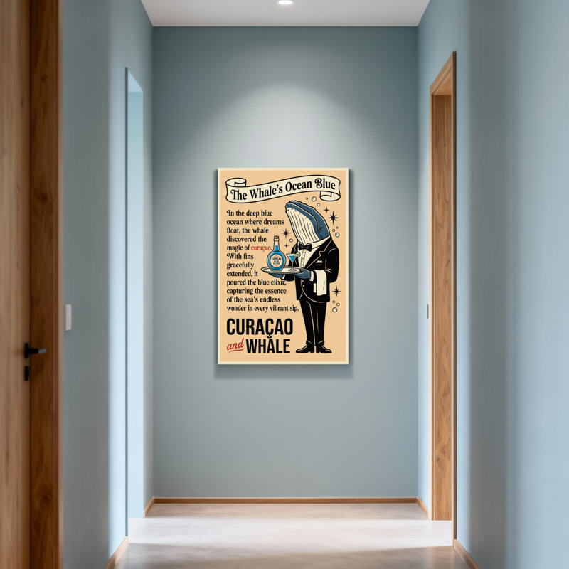 Baleine tendance en smoking tenant une bouteille de cocktail, H 36 po x l 24 po