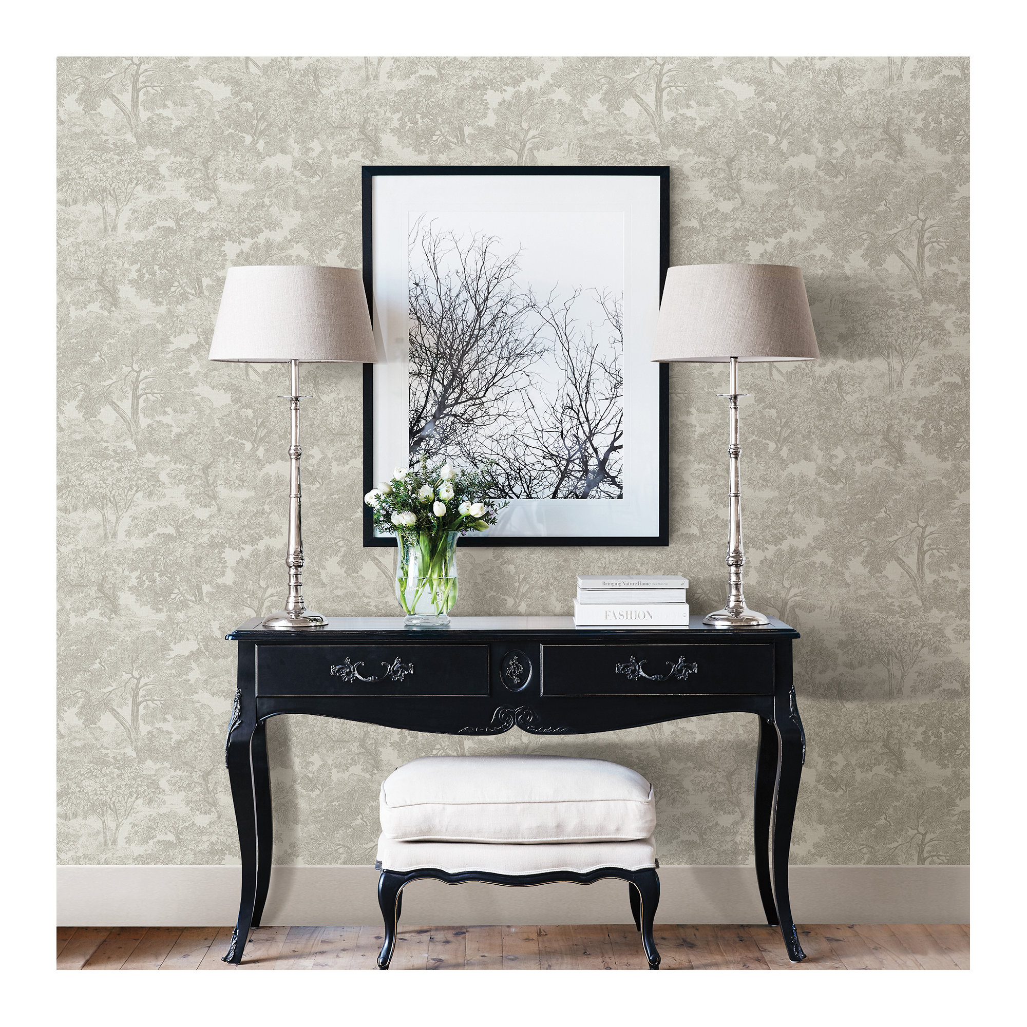 Otera Toile 33' x 20.5" Wallpaper Roll, Gray