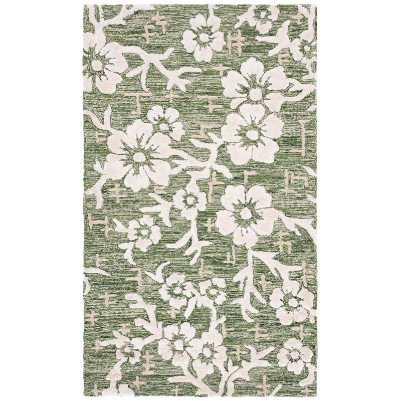 Stiliani Hand Tufted Wool/Viscose/Cotton Floral Rug in Ivory/Green, Rectangle 3' x 5'