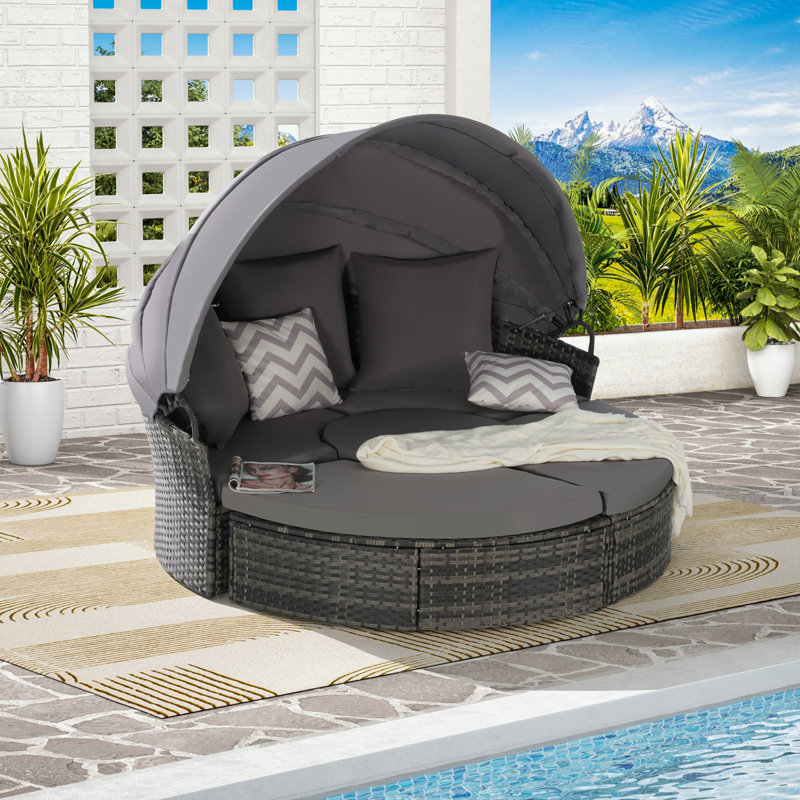 Lit de jour rond d'extérieur pour patio avec auvent rétractable et table de rangement, Gris foncé