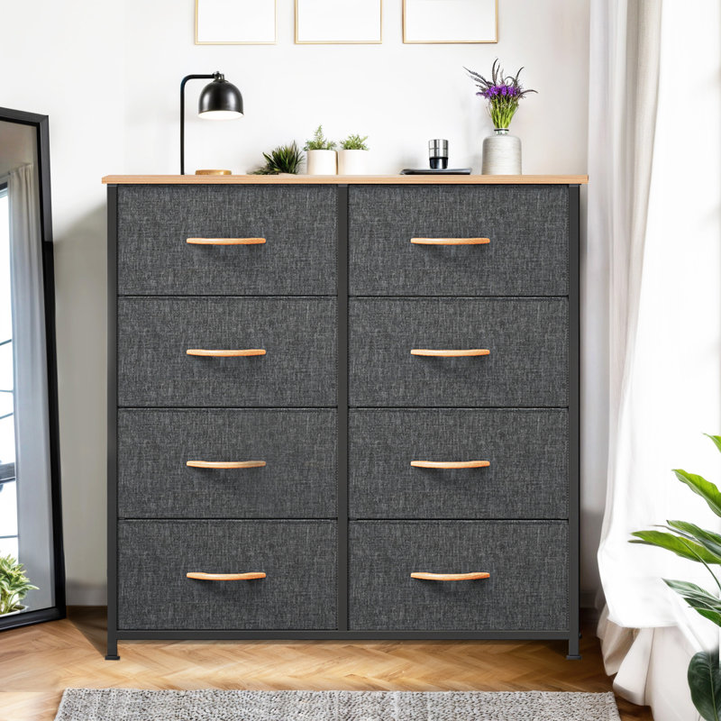 Commode de rangement à 10 tiroirs en tissu gris anthracite avec structure en acier et plateau en bois