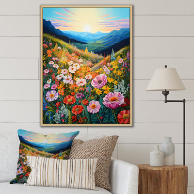 «Pink Seasonal Flowers Field In Mountain I», reproduction d'art sur toile