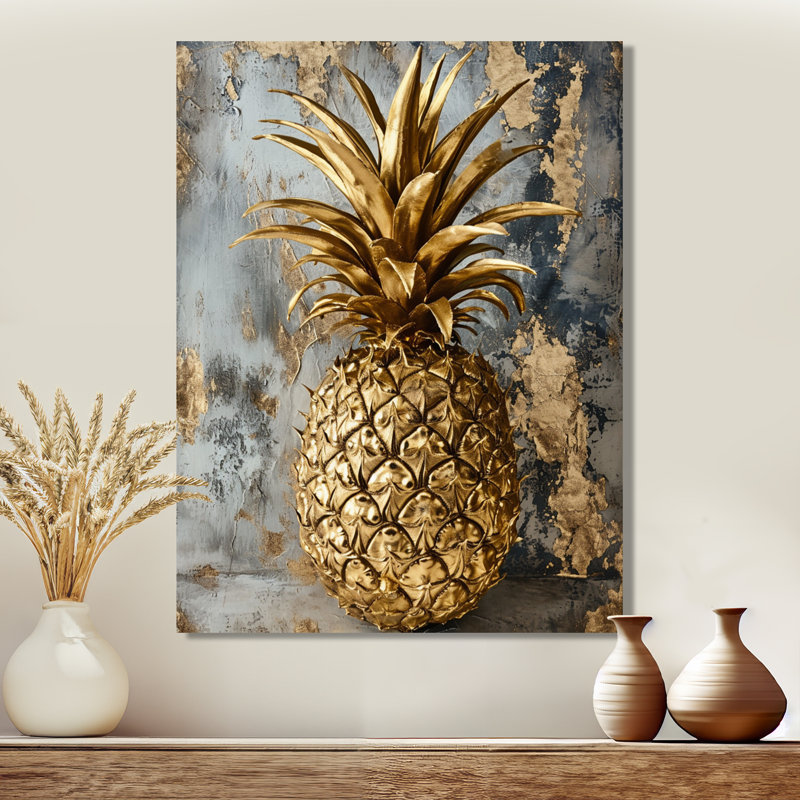 Golden Glam Pineapple - Ananas, art mural, H 32 po x l 24 po x P 1 po, Toile tendue