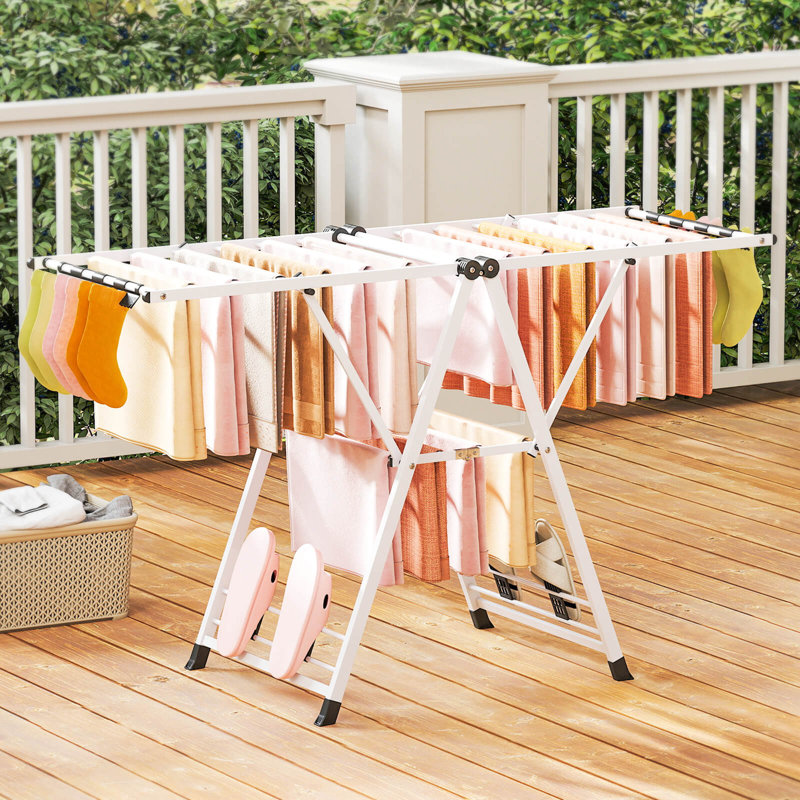 Foldable Metal Laundry Drying Rack with Height Adjustable Wings, 18 Drying Rails White, White/Black, 62" H x 64" W x 22" D