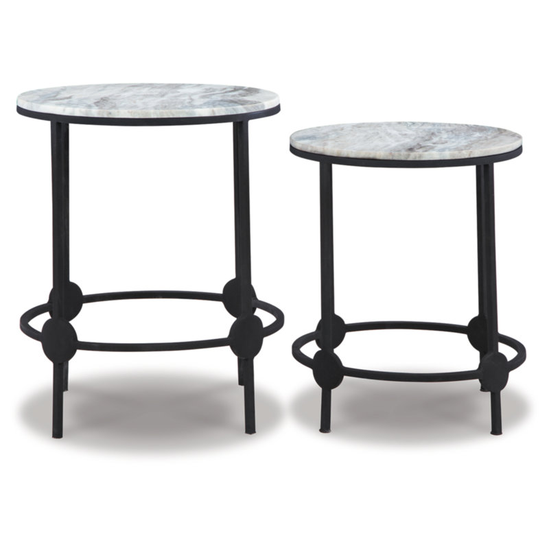 White and Black Round Metal and Stone Accent Table Set