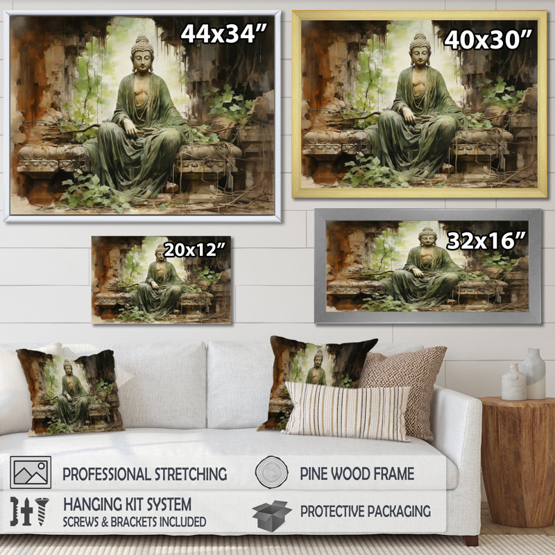 Thailande, ruines de Bouddha, art mural, H 16 po x l 32 po x P 1 po, Cadre flottant doré