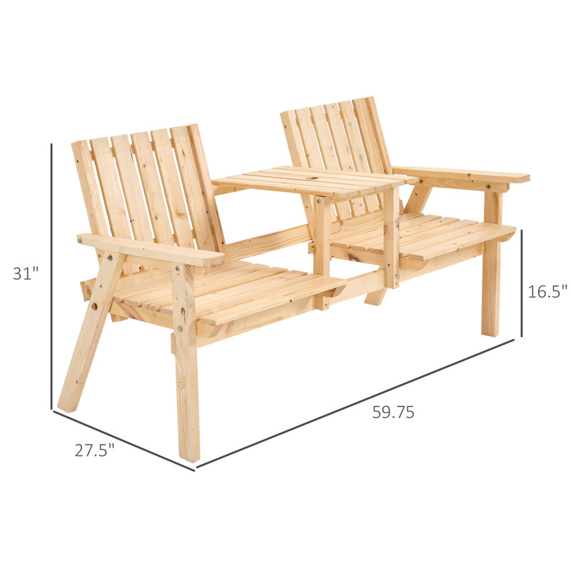 Wilhelmina Outsunny Patio Bench, Garden Bench with Middle Table and Umbrella Hole, Wooden Outdoor Bench, Natural