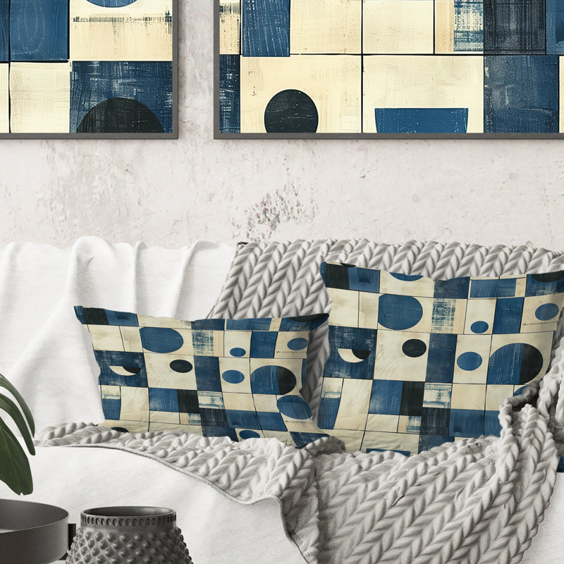 Coussin décoratif blanc et bleu Midcentury Geometric I - Midcentury, H 18 po x l 18 po