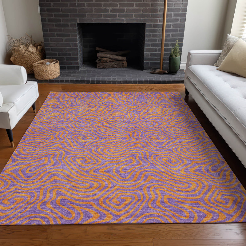 Purple and Orange Swirl Pattern Washable Synthetic Rug
