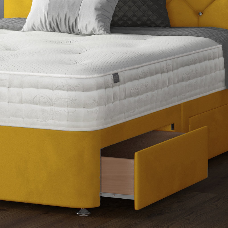 Hatmaker Upholstered Bed, Small Double (4'), Turmeric, 2 Foot-end Drawers